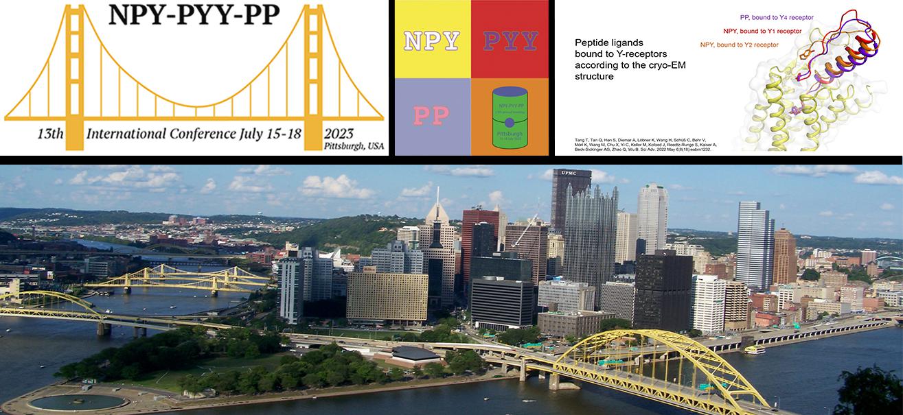 meeting logos; peptide ligands bound to Y-receptors according to the cryo-EM structure; city of Pittsburgh